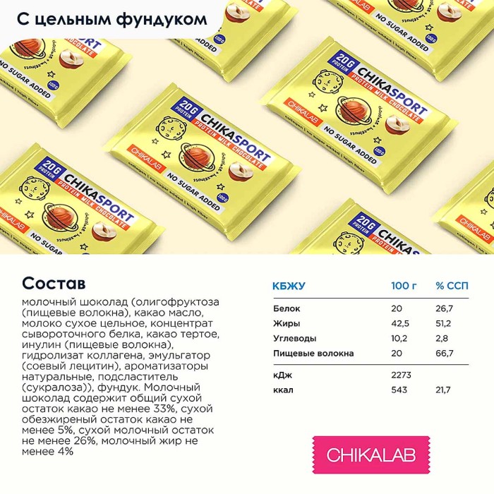 Шоколад протеиновый ChikaSport молочный с фундуком 100гр м/у