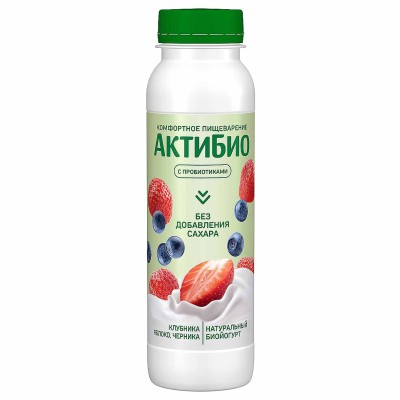 Биойогурт питьевой Актибио клубника-яблоко-черника 1,5% 260гр пэт