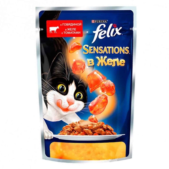 Корм для кошек Felix Sensations желе говядина,томат 85гр пауч