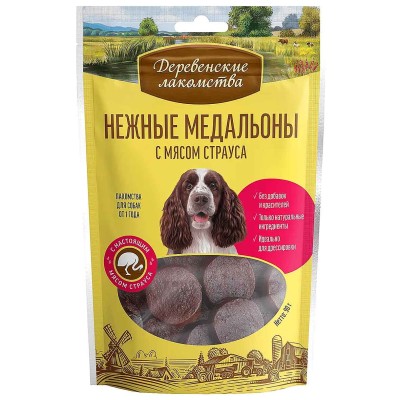 Лакомство для собак Деревенские Лакомства нежные медальоны с мясом страуса 90гр м/у