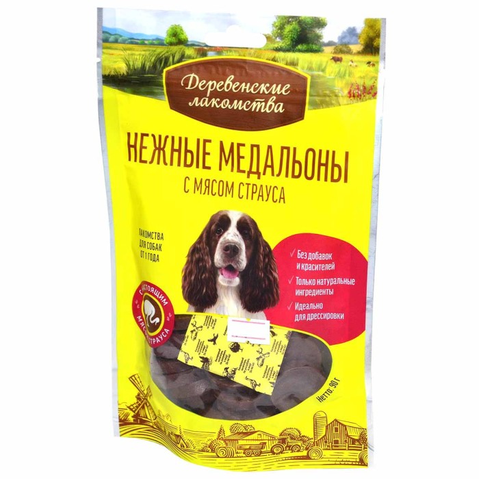 Лакомство для собак Деревенские Лакомства нежные медальоны с мясом страуса 90гр м/у