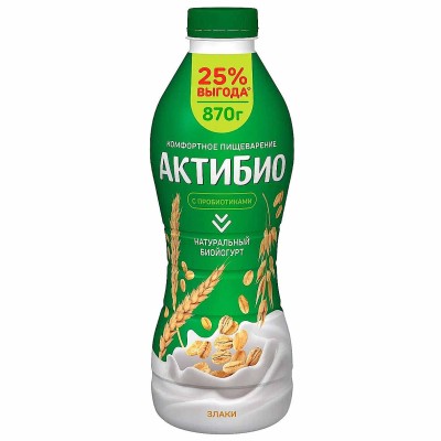 Биойогурт питьевой Актибио натуральный злаки 1,6% 870гр пэт
