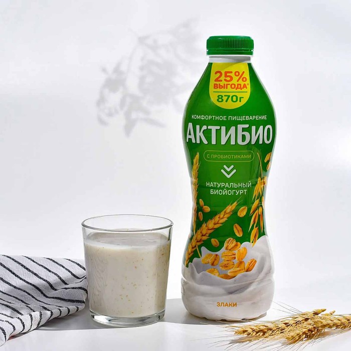Биойогурт питьевой Актибио натуральный злаки 1,6% 870гр пэт