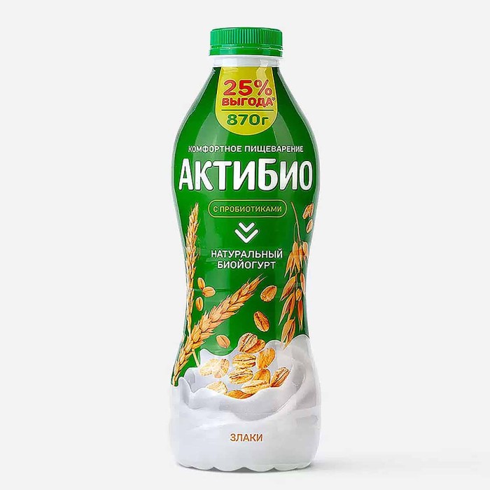Биойогурт питьевой Актибио натуральный злаки 1,6% 870гр пэт