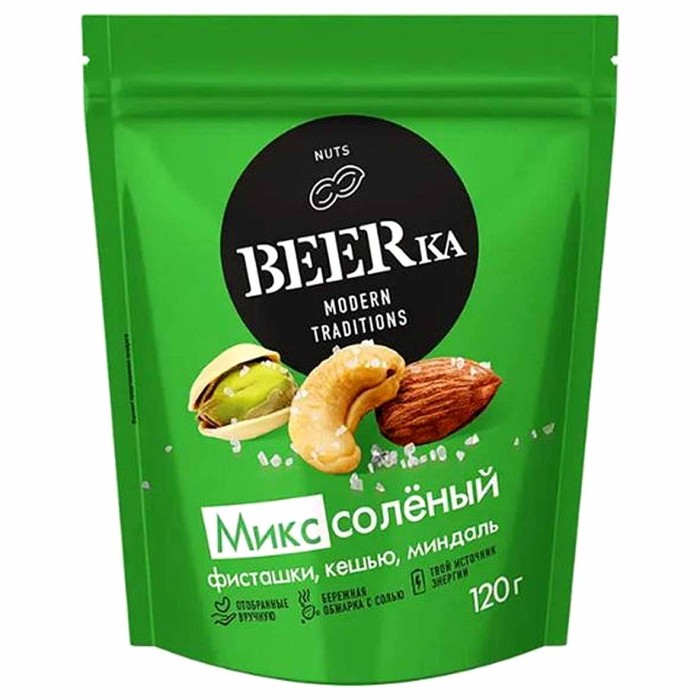Микс орехов BEERka фисташки кешью миндаль жар солен 120гр м/у