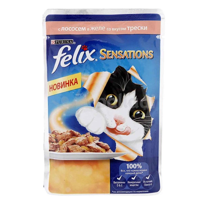 Корм для кошек Felix Sensations желе лосось,треска 85гр пауч