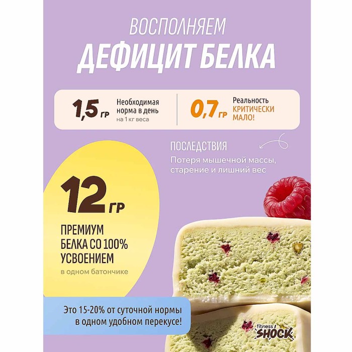 Батончик протеиновый Fitnesshock Фисташка-малина без сахара 30% 50гр м/у