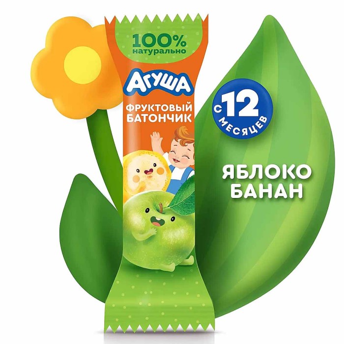 Батончик Агуша фруктовый яблоко-банан 0,5% с 12мес 15гр м/у