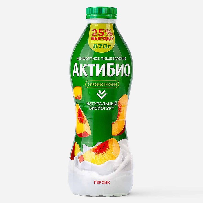 Биойогурт питьевой Актибио натуральный персик 1,5% 870гр пэт