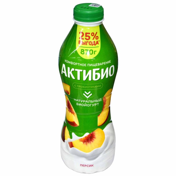 Биойогурт питьевой Актибио натуральный персик 1,5% 870гр пэт