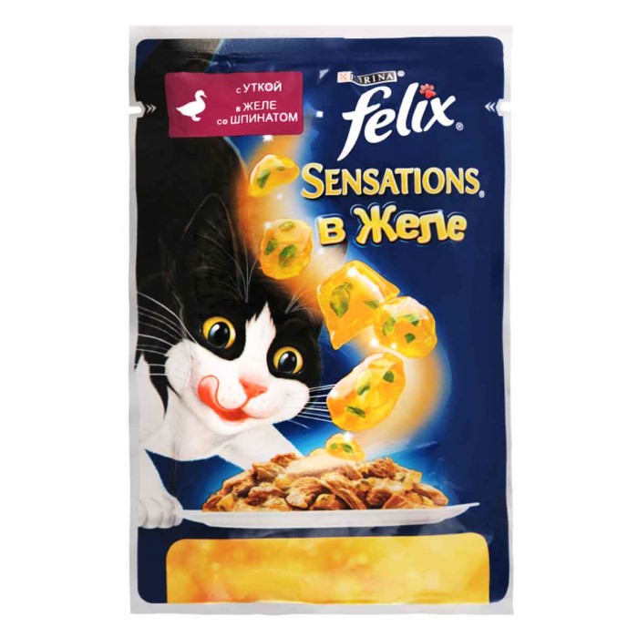 Корм для кошек Felix Sensations желе утка,шпинат 85гр пауч