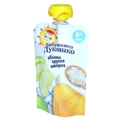 Пюре Бабушкино Лукошко яблоко,груша,творогом с 6мес 90гр пауч