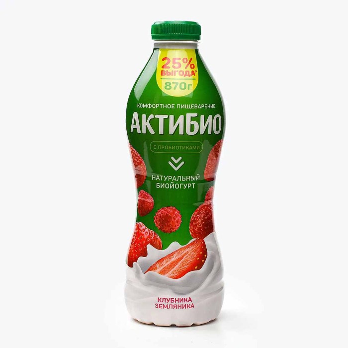 Биойогурт питьевой Актибио натуральный клубника-земляника 1,5% 870гр пэт