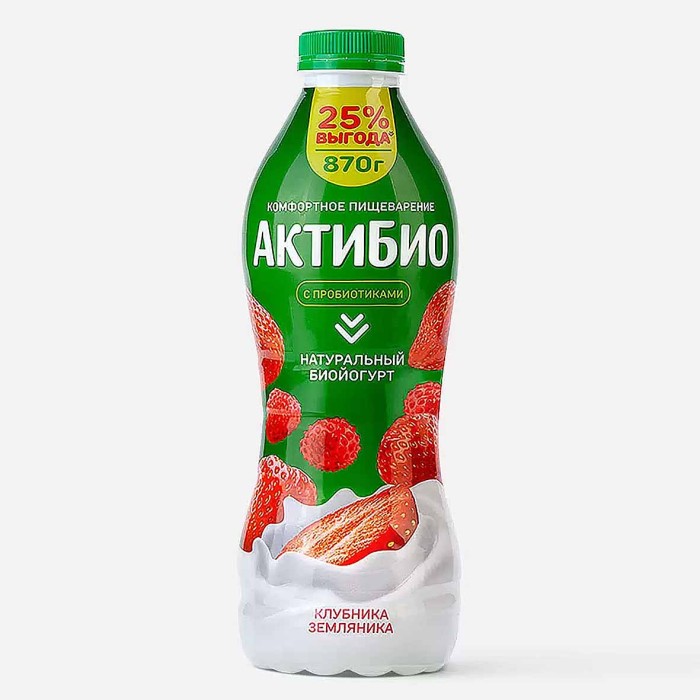 Биойогурт питьевой Актибио натуральный клубника-земляника 1,5% 870гр пэт
