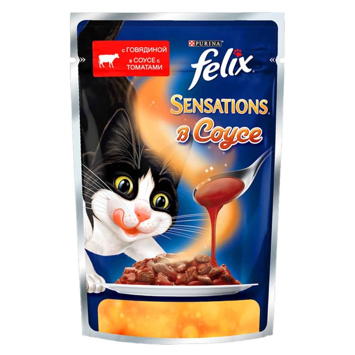 Корм для кошек Felix Sensations соус говядина,томат 85гр пауч