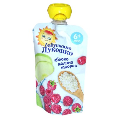 Пюре Бабушкино Лукошко яблоко,малина,творог с 6мес 90гр пауч