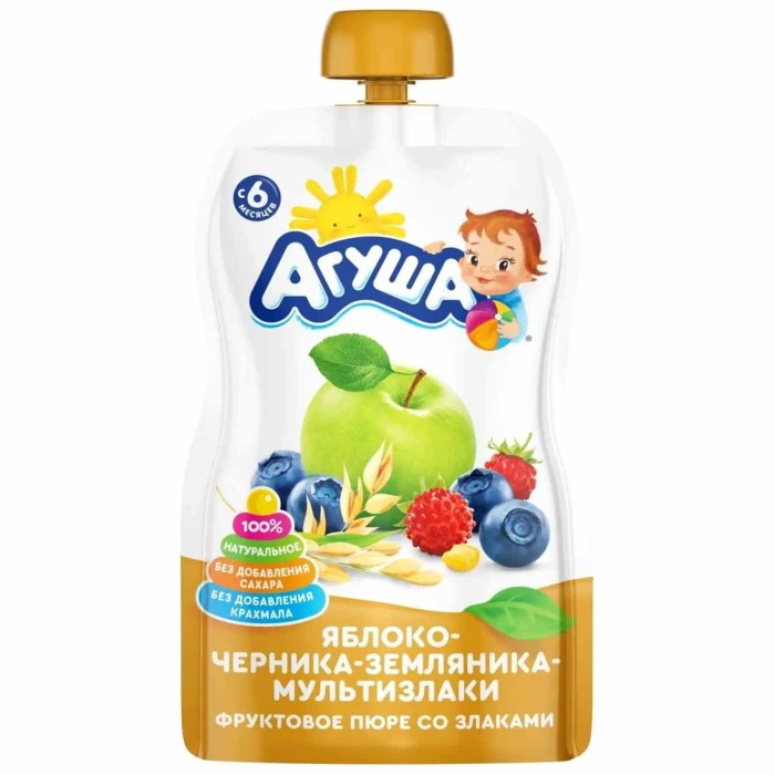 Пюре Агуша яблоко-черника-земляника-мультизлаки с 6мес 90гр пауч