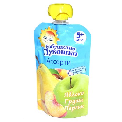 Пюре Бабушкино Лукошко яблоко,груша,персик с 5мес 90гр пауч