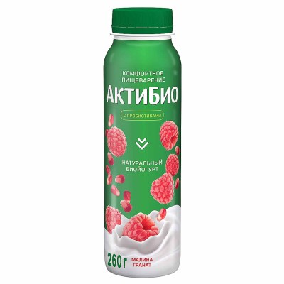Биойогурт питьевой Актибио натуральный малина-гранат 1,5% 260гр пэт