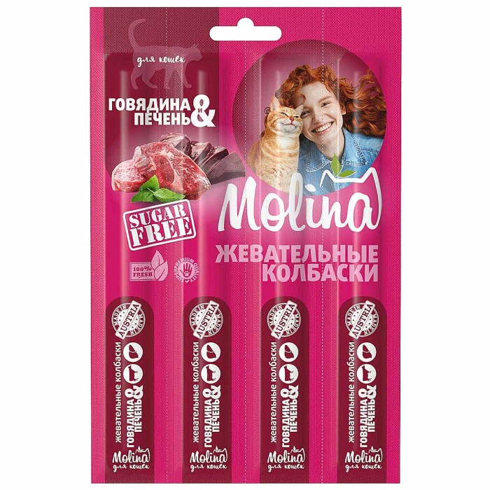 Колбаски жевательные для кошек Molina говядина-печень 4шт м/у