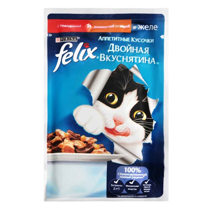 Корм для кошек Felix Двойная вкуснятина говядина,птица 85гр пауч