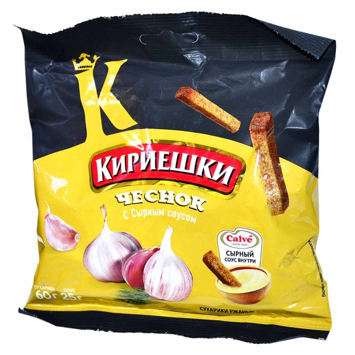 Сухарики Кириешки бородинские вкус чеснок+сырный соус 60гр+25мл м/у