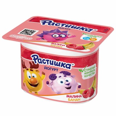 Йогурт Растишка малина-банан 3% с 3лет 110гр пэт