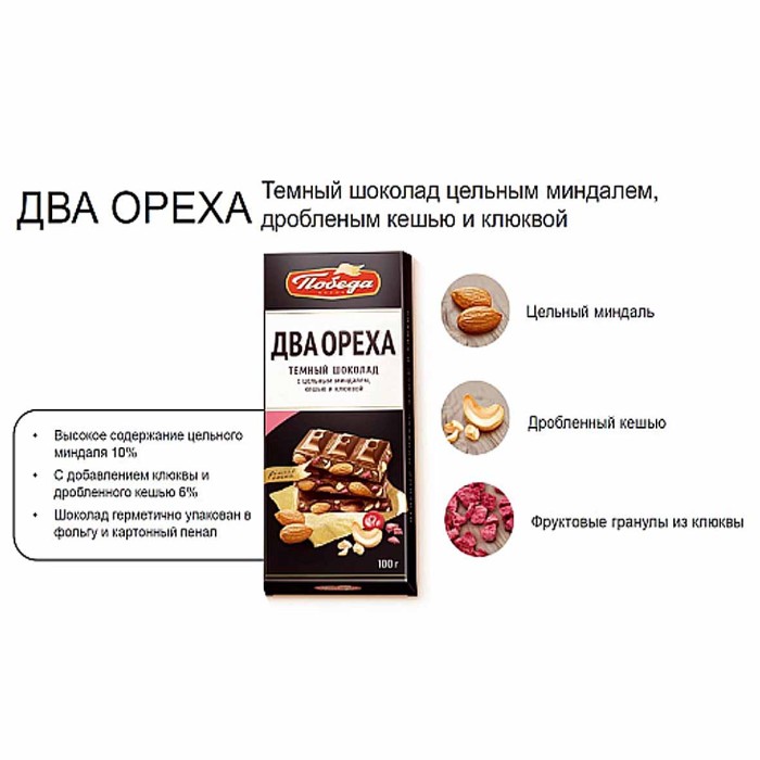 Шоколад Победа два ореха миндаль/кешью 100гр к/у