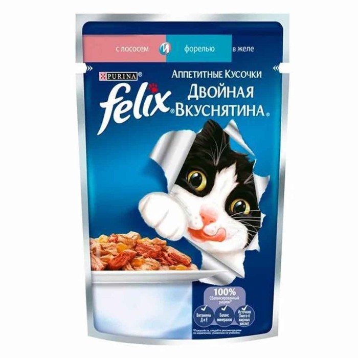Корм для кошек Felix Двойная куснятина лосось,форель 85гр пауч