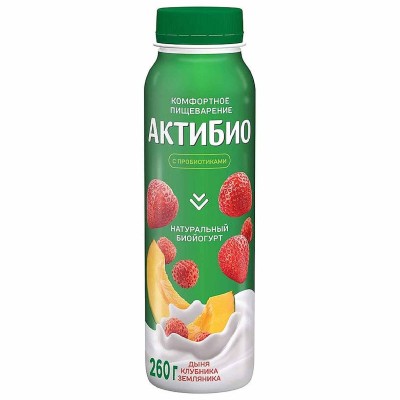 Биойогурт питьевой Актибио натуральный дыня-клубника-земляника 1,5% 260гр пэт