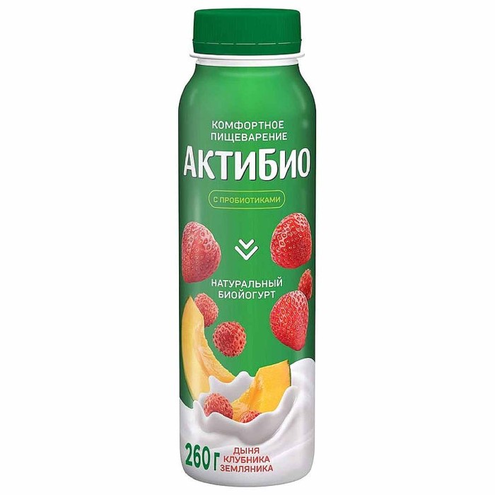 Биойогурт питьевой Актибио натуральный дыня-клубника-земляника 1,5% 260гр пэт