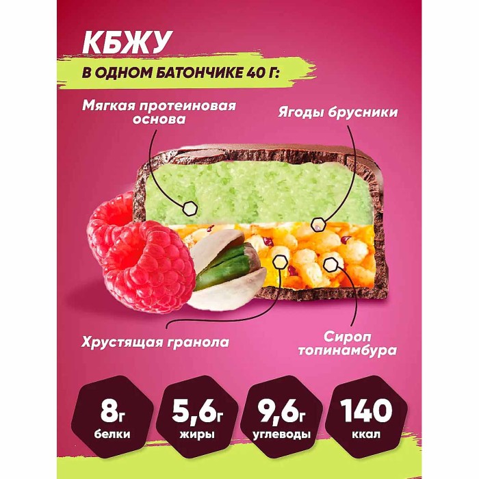 Батончик злаковый Kerlli с малиной и фисташкой без сахара 20% 45гр м/у