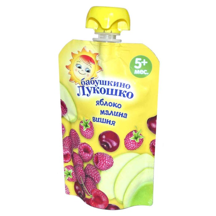 Пюре Бабушкино Лукошко яблоко,малина,вишня с 5мес 90гр пауч