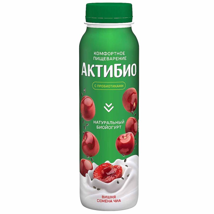 Биойогурт питьевой Актибио натуральный вишня-семена чиа 1,5% 260гр пэт