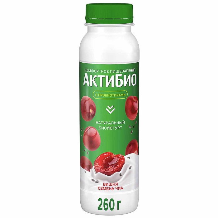 Биойогурт питьевой Актибио натуральный вишня-семена чиа 1,5% 260гр пэт