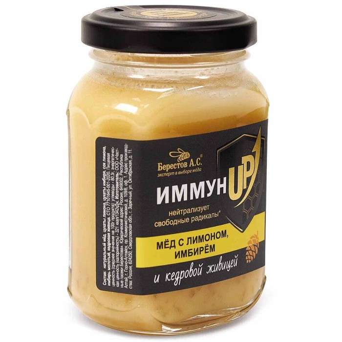 Мед Берестов ИммунUP с лимоном-имбирем и кедровой живицей 200гр ст/б