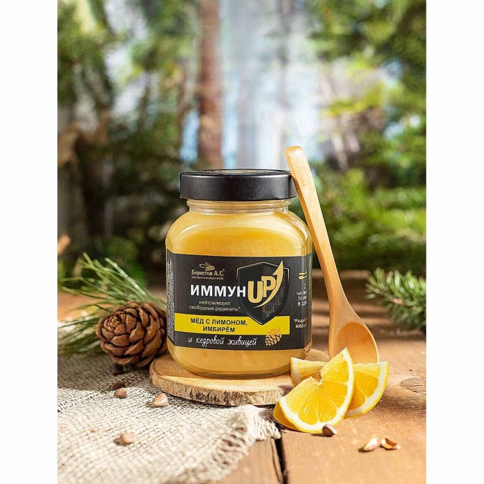 Мед Берестов ИммунUP с лимоном-имбирем и кедровой живицей 200гр ст/б