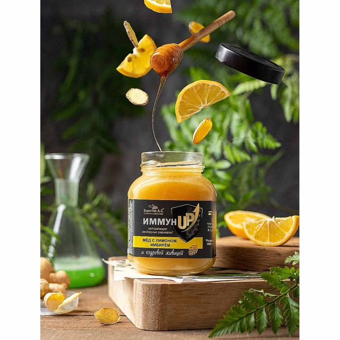 Мед Берестов ИммунUP с лимоном-имбирем и кедровой живицей 200гр ст/б