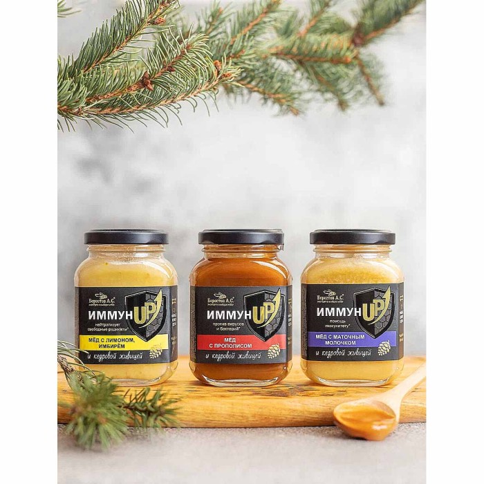 Мед Берестов ИммунUP с лимоном-имбирем и кедровой живицей 200гр ст/б