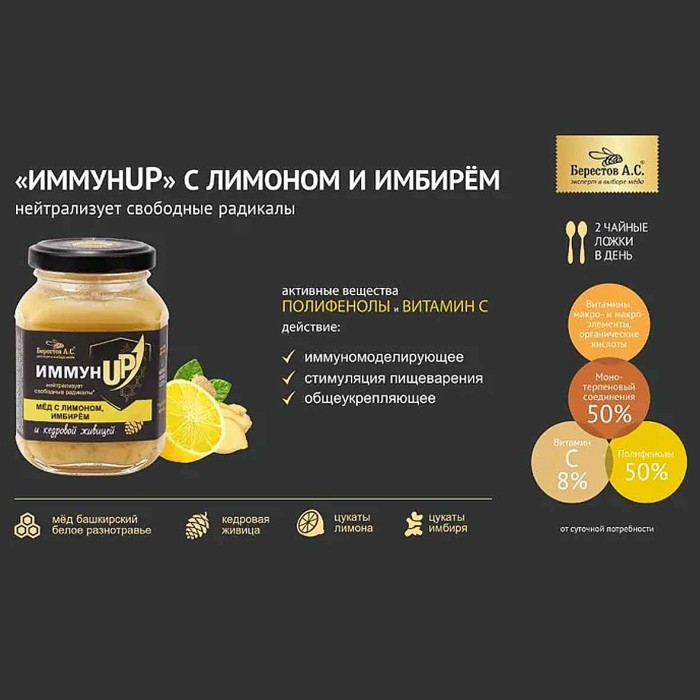 Мед Берестов ИммунUP с лимоном-имбирем и кедровой живицей 200гр ст/б