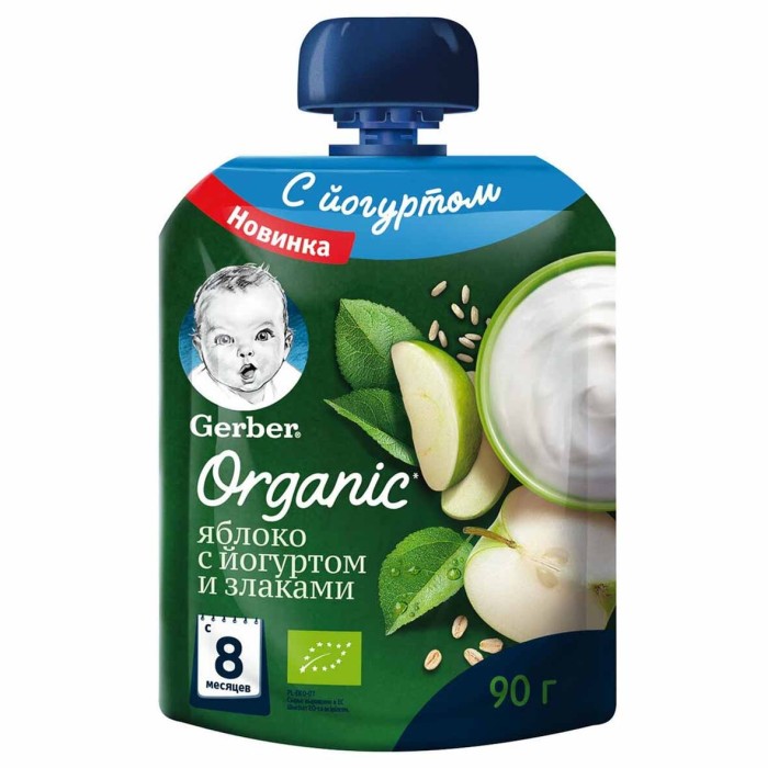 Пюре Gerber йогуртно-фруктовое злаки-яблоко с 8мес 90гр пауч