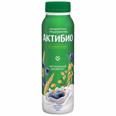 Биойогурт питьевой Актибио натуральный черника-злаки-лен 1,6% 260гр пэт