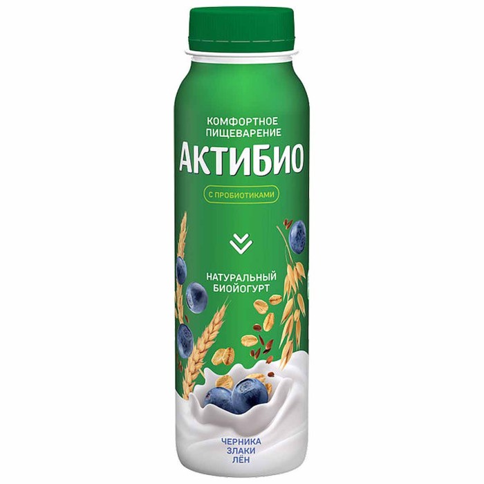 Биойогурт питьевой Актибио натуральный черника-злаки-лен 1,6% 260гр пэт