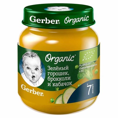 Пюре Gerber овощное зеленый горошек-брокколи,кабачок с 7мес 125гр ст/б