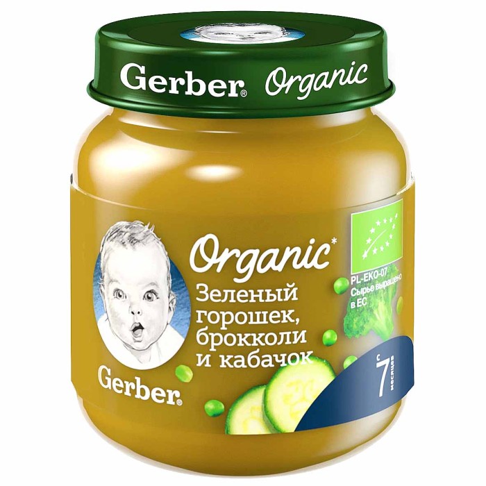 Пюре Gerber овощное зеленый горошек-брокколи,кабачок с 7мес 125гр ст/б