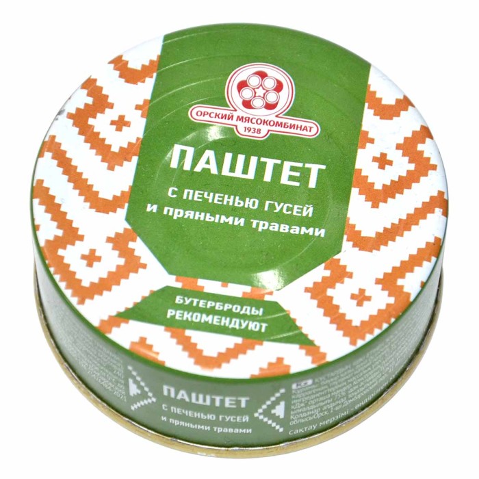 Паштет Орский Мясокомбинат с печенью гусей и пряными травами 100гр ж/б