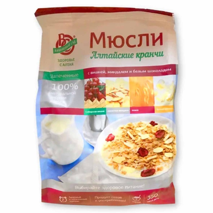 Мюсли Вишневый сад Алтайские кранчи запеченые вишня миндаль и белый шоколад 350гр м/у