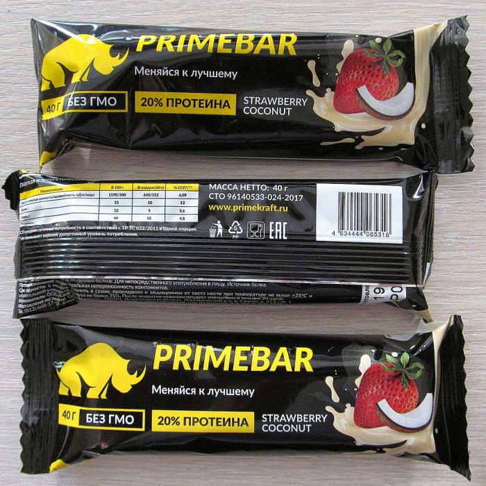 Батончик Primebar клубника и кокос протеиновый 40гр м/у