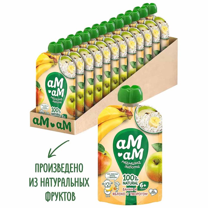Пюре Ам-ам из яблок и банана с творогом с 6мес 90гр пауч
