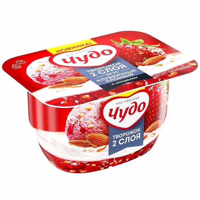 Десерт творожный Чудо клубника-пломбир-миндаль 4,3% 100гр пэт